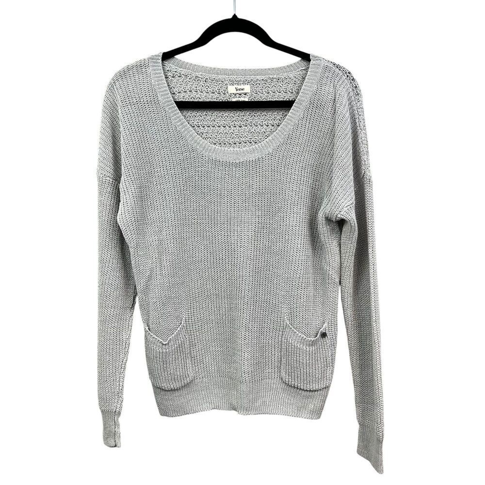 Yerse Women Linen Sweater Stretch Open Knit Front Pockets Light Grey Size M*